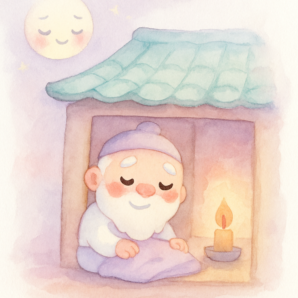 작은 초라한 집에서 착한 할아버지가 평화롭게 잠들어 있는 밤 장면